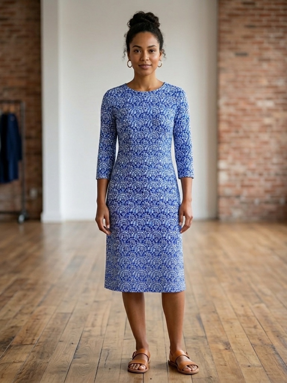 J. MCLAUGHLIN Catalina Cloth Dress Blue Geometric Print 3/4 Sleeve Medium